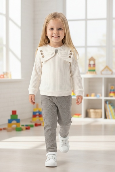 DECO Flower Embroidered Collar Pants Suit for Girls 3Y,4Y,5Y,6Y Girl