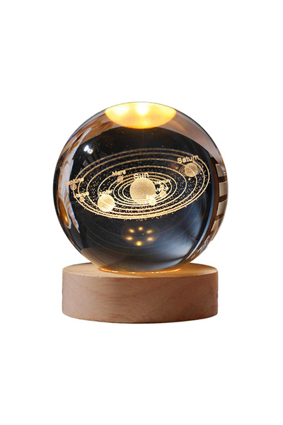 OEM 3D crystal globe, solar system, with wooden base and LED light, ornamenta...