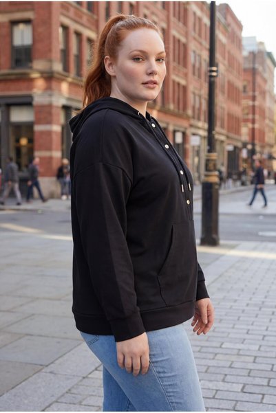 Ebsumu Women's Large Size Kangaroo Pocket Basic Black Sweatshirt