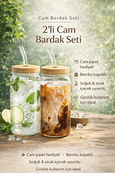 Berdina Home 2li Bambu Kapaklı Pipetli Isıya Dayanıklı Cam Bardak 550 ml Kola...