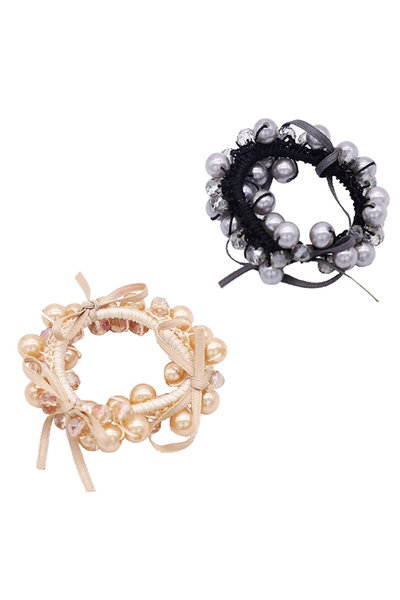 OEM Set of 2 hair elastics with bows and pearls, black/gold