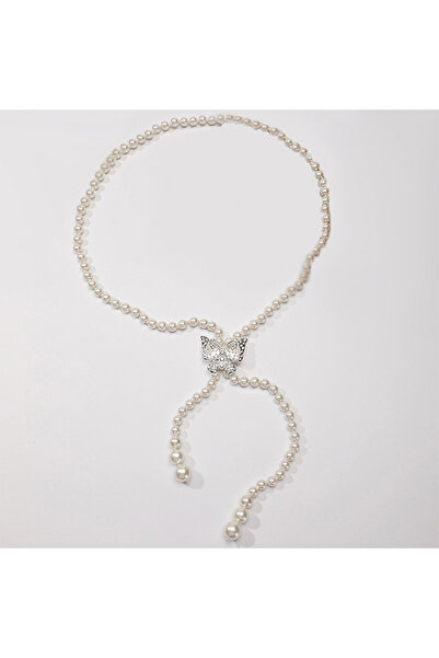 OEM Дамски колан с изкуствени перли и катарама тип пеперуда, елегантен стил, ...