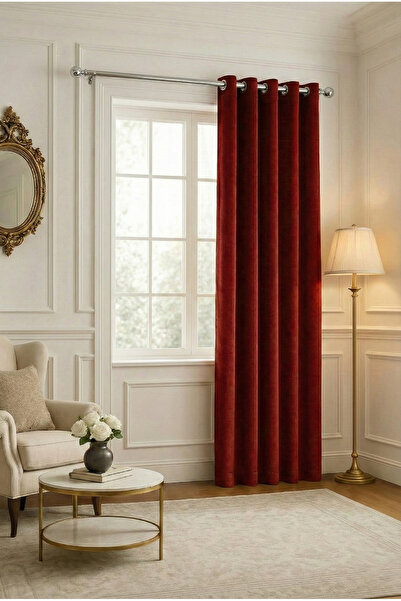 Bercem Home Kadife Dokulu Rustikli Fon Perde - Bordo - (Tek Kanat)