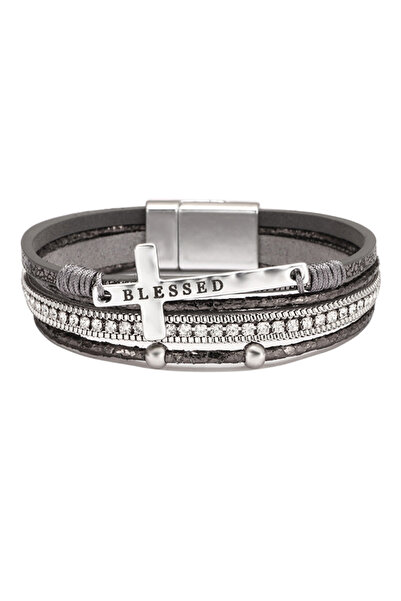 OEM Women's -leather bracelet with crystals and "blessed" pendant, magnetic a...