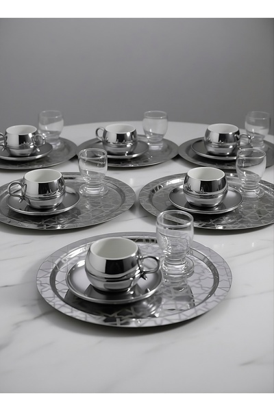 SİNİ Paslanmaz Çelik 6 Adet Yuvarlak Lüx Desenli Gümüş Ad-26 Kahve, Çay Sunum...