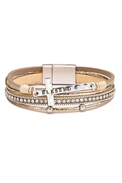 OEM Brățară de damă din piele cu cristale și pandantiv „blessed”, închidere m...
