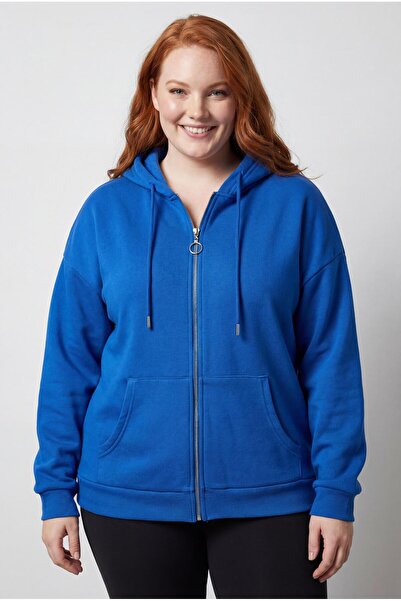 Ebsumu Жіночий великий розмір шардоне з блискавкою, товстий синій світшот