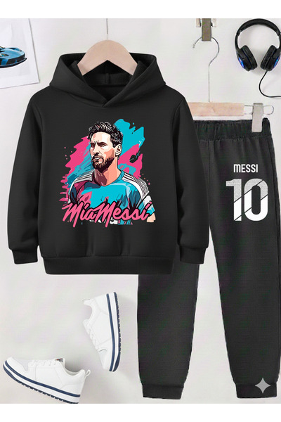 stil x طقم بدلة رياضية للأولاد مطبوع عليه ميسي، قماش مزركش بثلاث خيوط