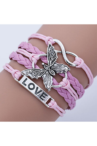 OEM Brățară de damă din piele ecologică cu fluture și pandantiv „LOVE”, roz