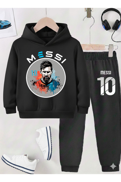 stil x Момчешки спортен екип с принт на Меси, 3-нишка шерпа плат