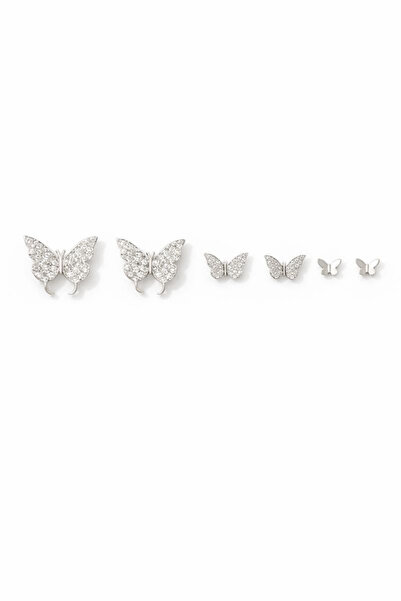 Leo'Stone New Season 6'Lı Butterfly Design Zircon Stone Silver Needle Steel E...