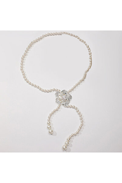 OEM Curea de damă, imitație de perle, cataramă cu model floral, alb perlat, r...