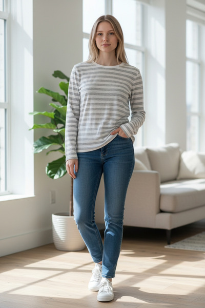 AHMERA رمادي مخطط طاقم الرقبة المرأة طويلة الأكمام الأساسية تي شيرت