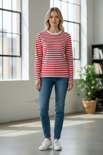 AHMERA Kırmızı Çizgili Bisiklet Yaka Kadın Uzun Kollu Basic Tişört