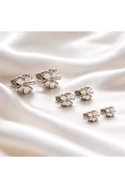 Begonia Accessories çelik zirkon taşlı yonca figürlü çivili küpe 3 lü set 5mm...