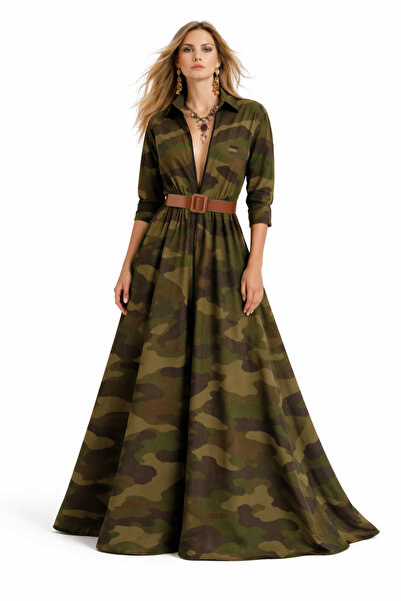 UNTIMELY Önden Fermuarlı Kamuflaj Desen Maxi Poplin Gömlek Elbise