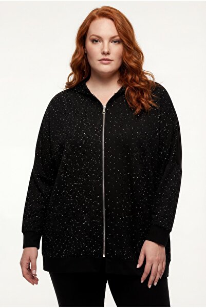 Ebsumu Hanorac negru cu fermoar Stone cu imprimeu pentru femei de mărime mare