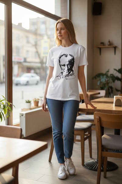 AHMERA Atatürk No.1 Printed Women's White Regular Fit Cotton T-Shirt