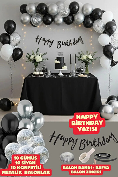 Baloncu Nene Happy Bırthday Yazısı Gümüş Konfetili 30 Adet Siyah Gümüş Balon ...