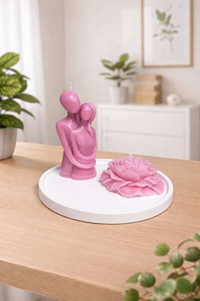 YASMELLA HOME Sonsuz Sarılan Çift Mum + Şakayık Mum +Yuvarlak Sunum Tepsi