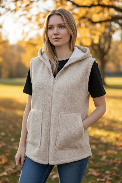 AHMERA Unisex Cream Regular Fit Hooded Pocket Cotton Curl Pattern Vest