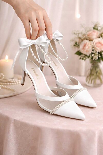 Famels Pantofi cu toc cu perle și podoabe, pantofi de mireasă din plasă, pant...