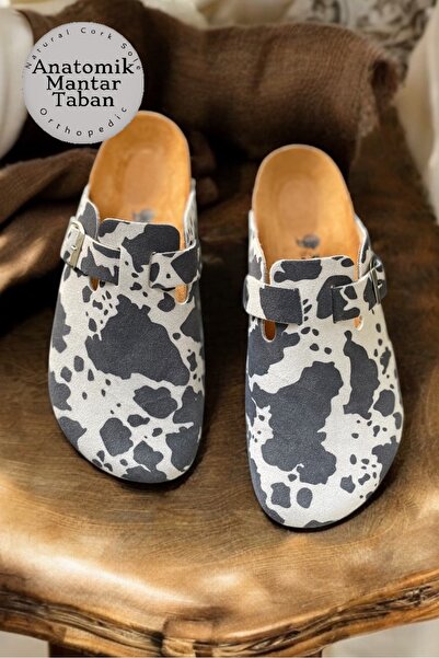Land of Cork Women's Cow Cow Patterned Anatomical Cork Sole Slippers, Handmad...