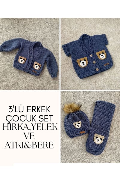 NEVALİN Cardigan Scarf & Beanie and Vest Set Hand Knitted Gift Children's Set