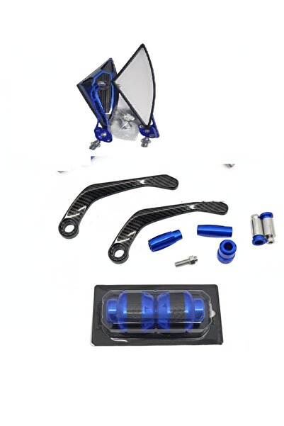 Çelik Motorsiklet modifiye mavi set üçgen ayna +karbon manet+ ön teker takozu...