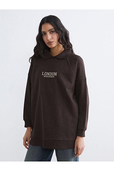 LC Waikiki LCW Modest Brown London Κεντημένο Γυναικείο Χοντρό Φούτερ Τουνίκ