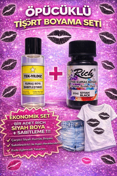 boyansa 1 adet rich siyah kumaş boyası + tek yıldız sabitleme ( öpücüklü T-Sh...