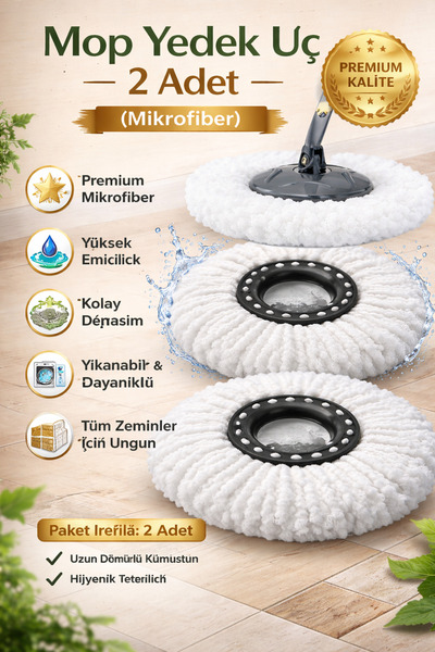 Single (2adet) Mop Yedeği 2^li Set Mikrofiber Döner Paspas Yedek (bütün Mop U...