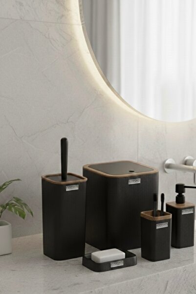 Okyanus Home Mina Siyah Ahşap Desenli Çizgili Kare 5'li Banyo Seti