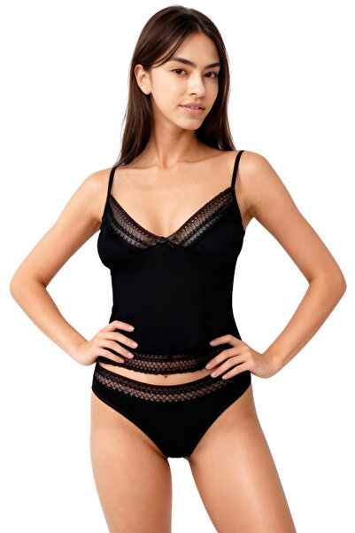 Soweto Kadın Dantelli Penye Atlet Külot Takım- Siyah - swt.0708