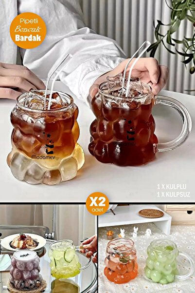 Madamev 2li Boncuklu Pipetli Cam Bardak Üzüm Tanesi 350 ml. Kulplu Kulpsuz Me...