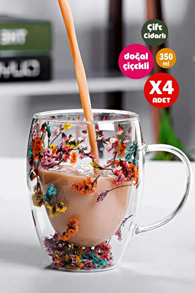 Madamev 4'lü Çift Cidarlı Flower Cup 350ml Çiçekli Bardak Kahve Çay Bardağı E...