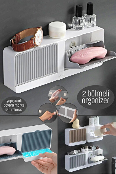 Tilbe Home 2 Bölmeli Su Tutmaz Katı Sabunluk Güçlü Yapışkanlı Duvara Monte Ka...