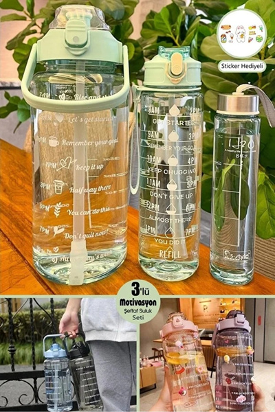 Tilbe Home 3lü Motivasyonel Su Matarası Stickerlı Pipetli Taşınabilir Sızdırmaz Su Şişesi Soft Green Matarası