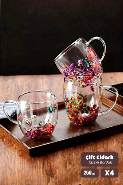 Madamev 4lü Çift Cidarlı Çiçekli Kulplu Borosilikat Cam Bardak Flower Kahve S...