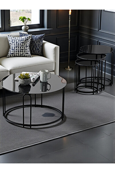 SEDAŞ LIVING UNITS Lenka Siyah Aynalı Temperli Cam Zigon Orta Sehpa Takımı Yu...