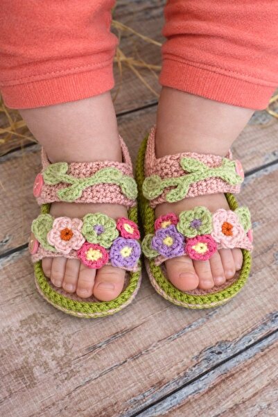seraskids El Örgüsü Çiçekli Yazlık Kız Bebek Bantlı Sandalet Patik