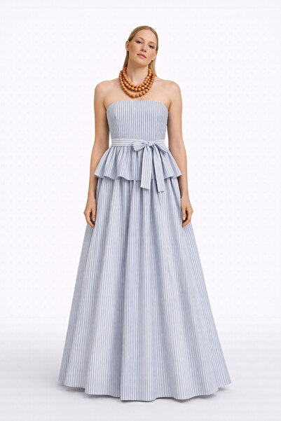 UNTIMELY فستان من البوبلين مخطط باللونين الأزرق والأبيض بدون حمالات مع تفاصيل...