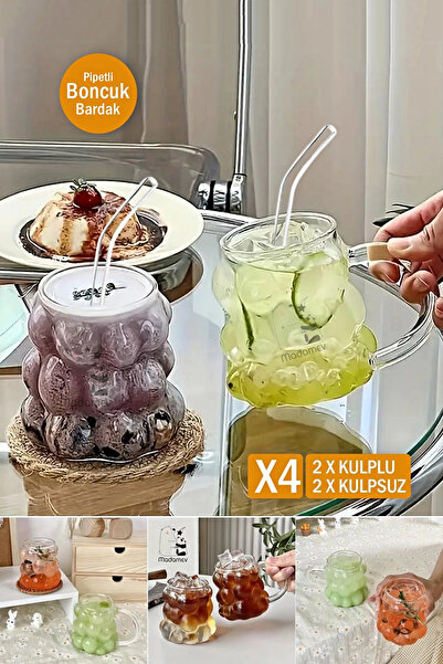 Madamev 4lü Üzüm Tanesi Boncuklu Pipetli Cam Bardak 350ml Kulplu Kulpsuz Meşr...