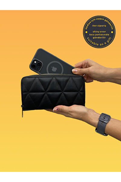 shiny ever Büyükboy Kadın Çift Fermuarlı Telefon Bölmeli Deri El Çantası Cüzd...