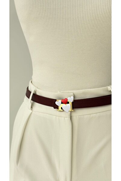 ERDESIGNN Curea de damă bordeaux cu detalii aurii, curea pentru rochie, curea...