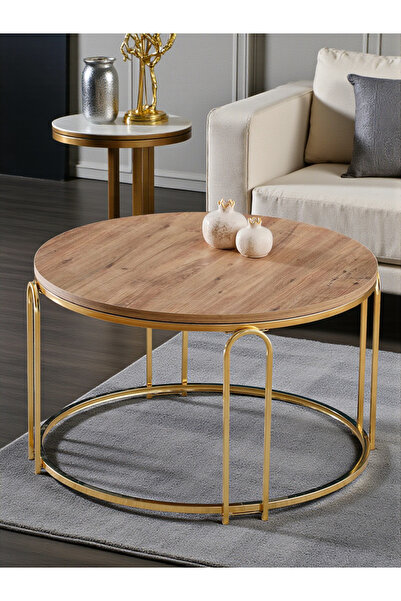 SEDAŞ LIVING UNITS Lenka Orta Sehpa Yuvarlak Ahşap Gümüş Metal Açık Ceviz Ahş...