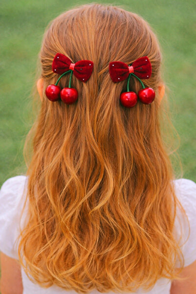 FASHION İkili Kadife Kurdeleli Kiraz Yan Toka