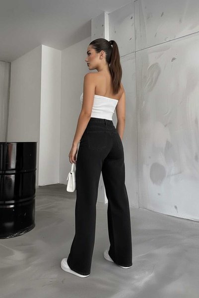 Trn JNS Elyesse 90's Power Likralı Solmaz Siyah Süper Yüksek Bel Salaş Jeans Palazzo Pantolon