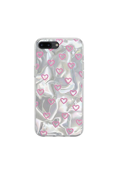 Pro Aksesuar Apple iPhone 8 Plus Uyumlu Kılıf Kalp Desenli Silikon Kılıf Pembe