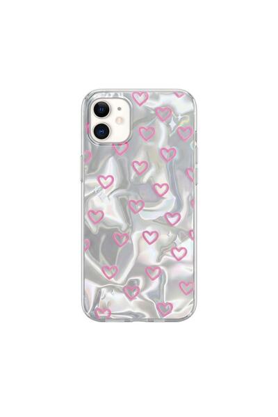 Pro Aksesuar Apple iPhone 12 Uyumlu Kılıf Kalp Desenli Silikon Kılıf Pembe